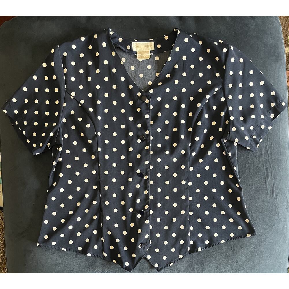 Christie & Jill Womens XL Polka Dot Blouse Navy White Short Sleeve Button Front